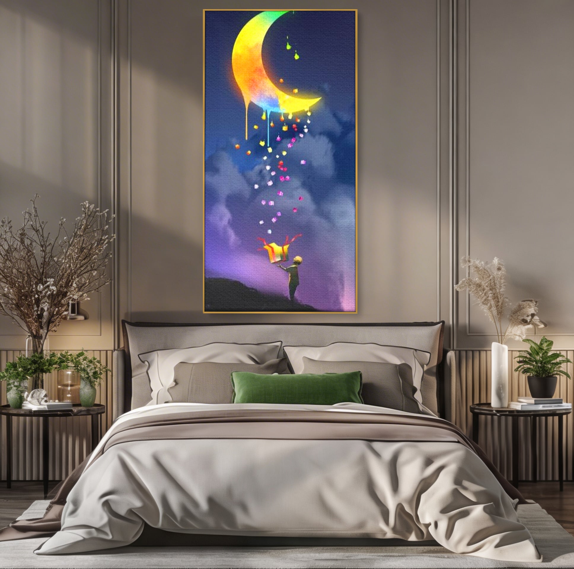 Tablou canvas cu ilustratie cu copil si luna curcubeu, in rama de aluminiu auriu, pe perete intr-un dormitor